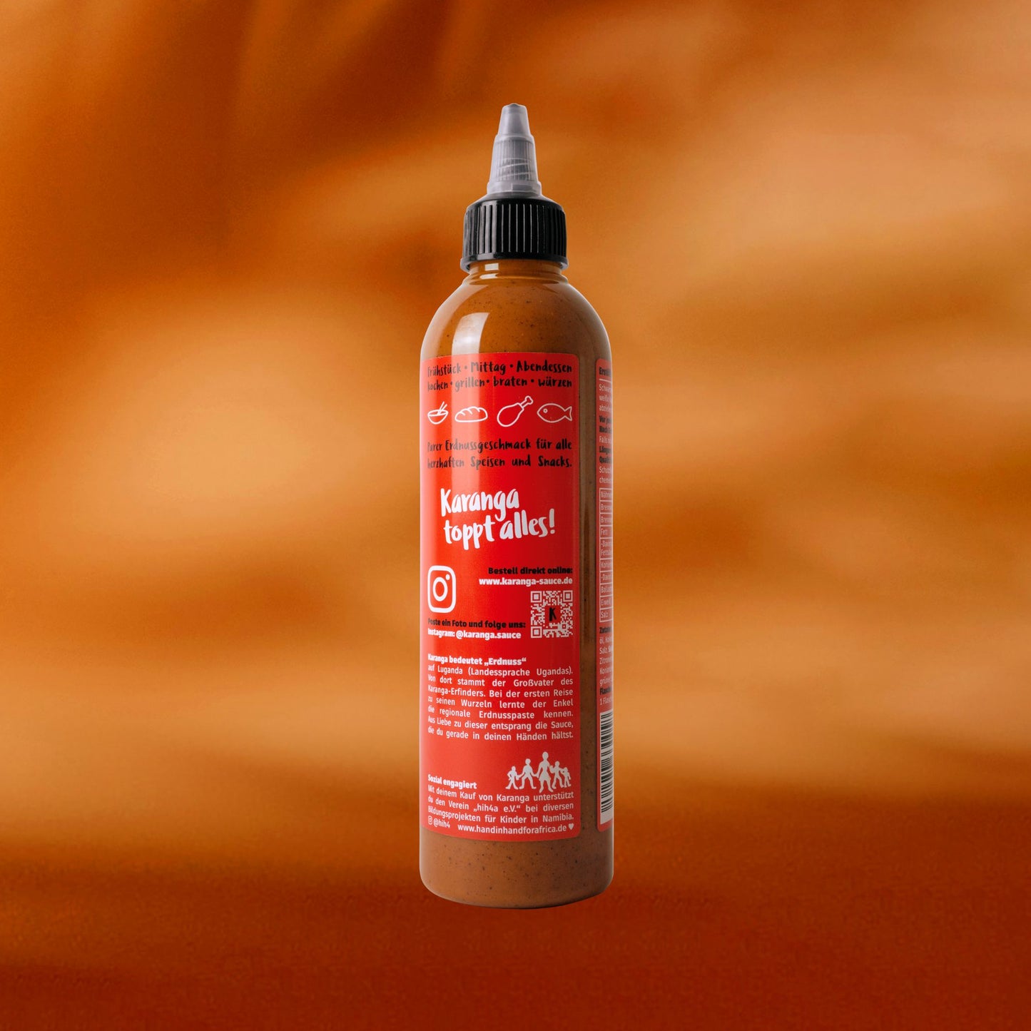 Karanga Erdnusssauce scharf – Flaschenseite mit Zutatenliste, Nährwertangaben und Recyclinghinweis