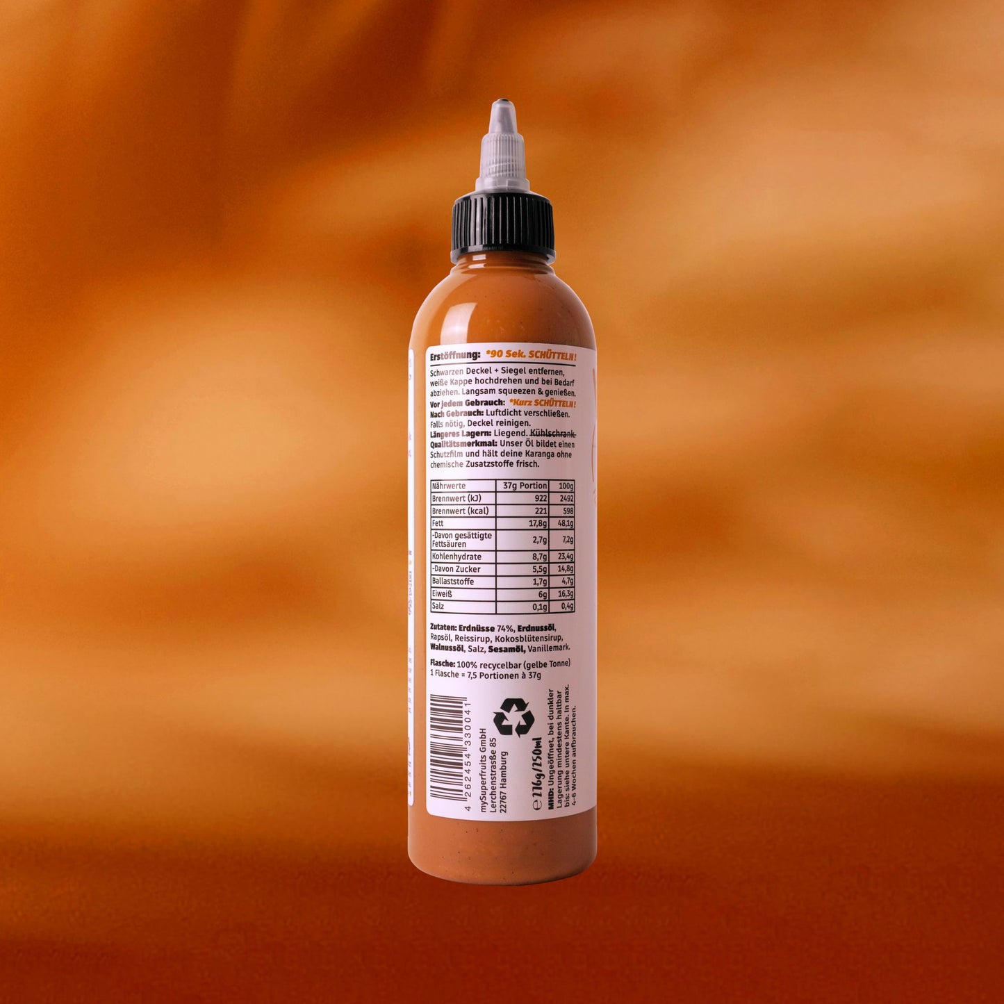 Karanga Erdnusssauce süß – Flaschenseite mit Anwendungstipps und Karanga Claim